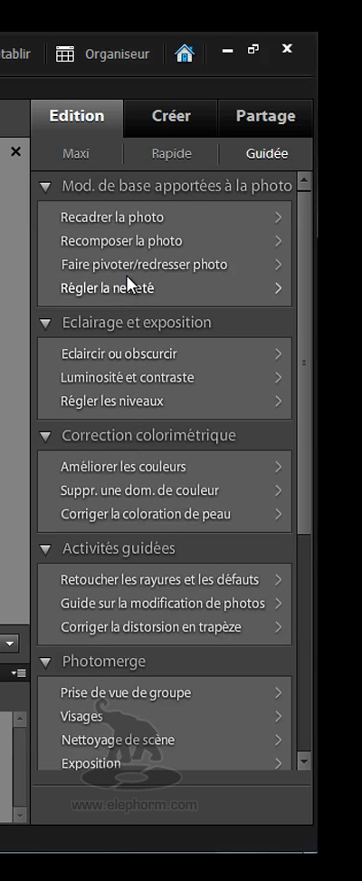formation_photoshop_elements_9_menu_retouche Formation Vidéo sur DVD Apprendre Adobe Photoshop Elements 9