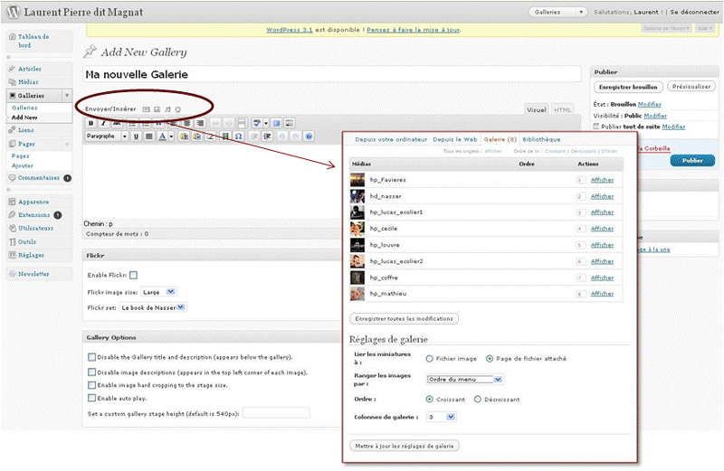 ecran de gestion d'un photoblog sous WordPress