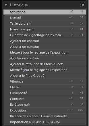 historique de traitement d'un fichier RAW dans Adobe Lightroom