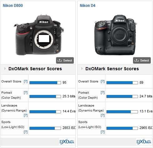 Tests DxO comparaison Nikon D4 Nikon D800