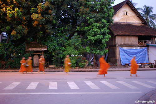 Le Tak Bat (cérémonie d’offrandes aux moines) se déroule quotidiennement au petit matin à Luang Prabang