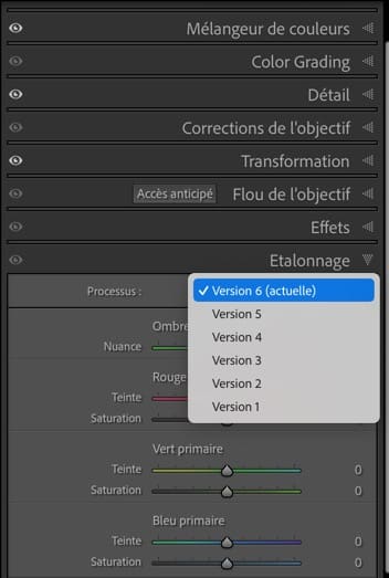 Comment changer de version de processus Camera RAW ?