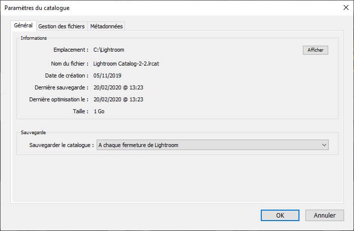 Emplacement du catalogue Lightroom