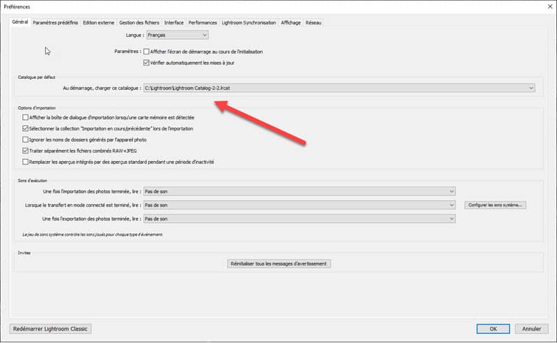 ouvrir un catalogue Lightroom au démarrage