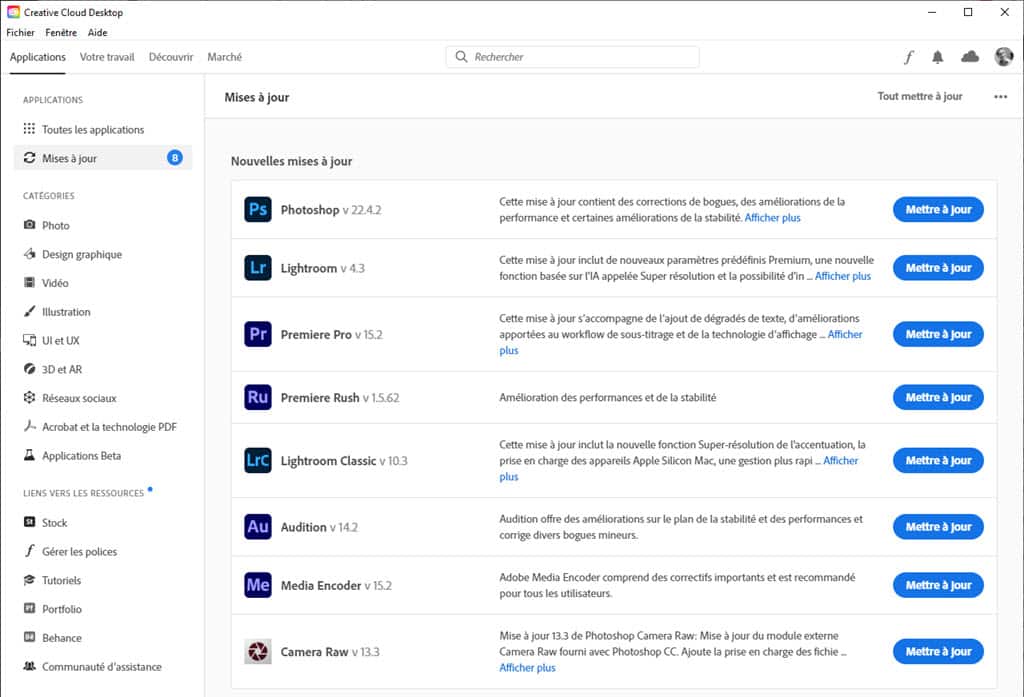 Mise à jour Lightroom et Photoshop avec Adobe Creative Cloud