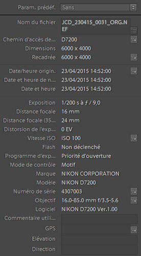 Comment lire les données EXIF reflex lightroom