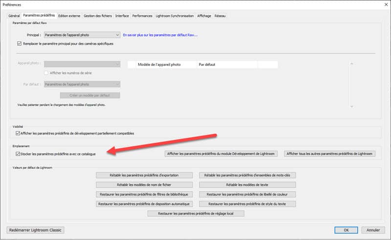 Emplacement des paramètres prédéfinis de Lightroom Classic