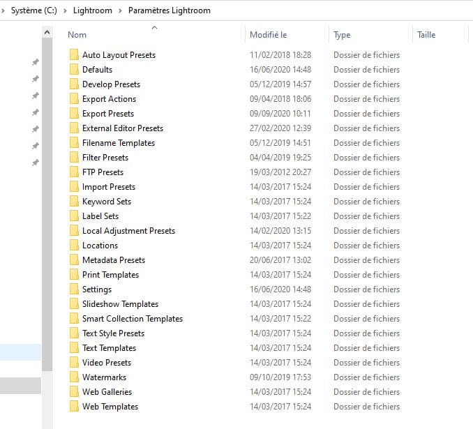 Sauvegarde des paramètres prédéfinis de Lightroom Classic