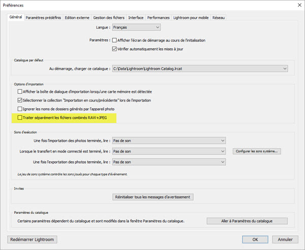 Comment séparer RAW+JPG après l'import dans Lightroom ?