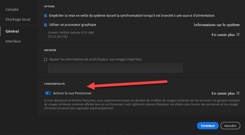 Activation / Désactivation de la recherche de personnes dans Lightroom CC 2.2