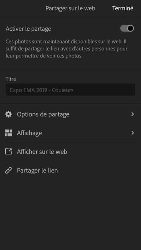 Partage d'une collection de photos choisies arbitrairement dans Lightroom CC iOS