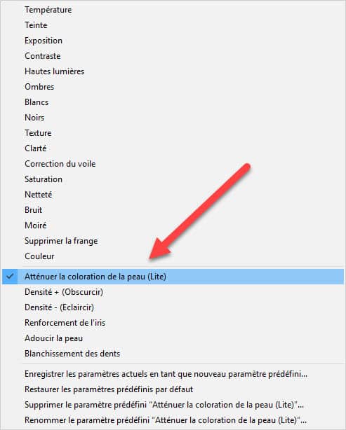 Réglage"Atténuer la coloration de la peau (Lite)" dans Lightroom