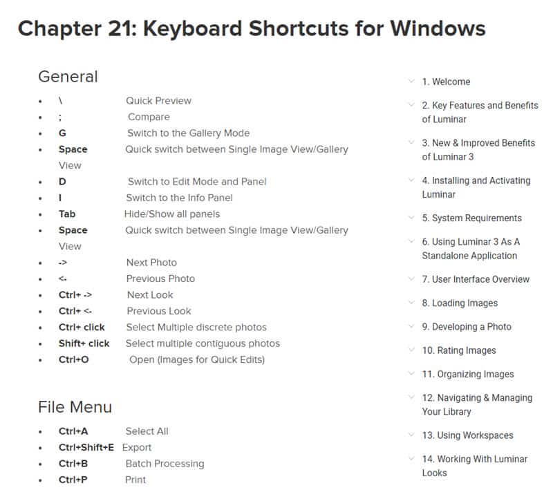 Tous les raccourcis clavier de Luminar 3 pour Windows et MacOS