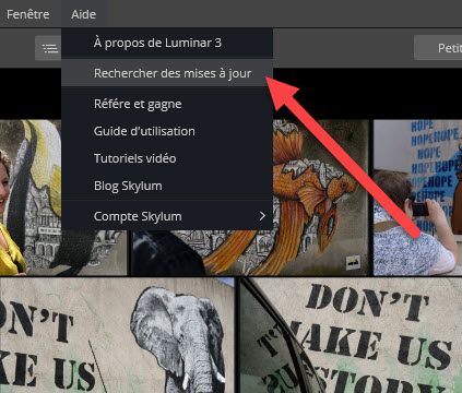 Mise à jour Luminar 3 menu aide