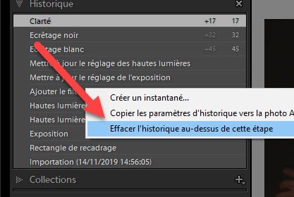 Mises à jour Lightroom Effacer historique