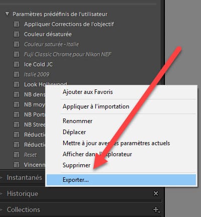 Mises à jour Lightroom export preset