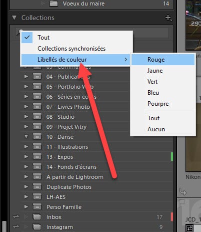 Lightroom filtre couleurs dossiers collections