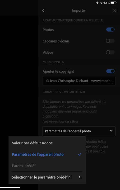 paramètres par défaut dans Lightroom iPad