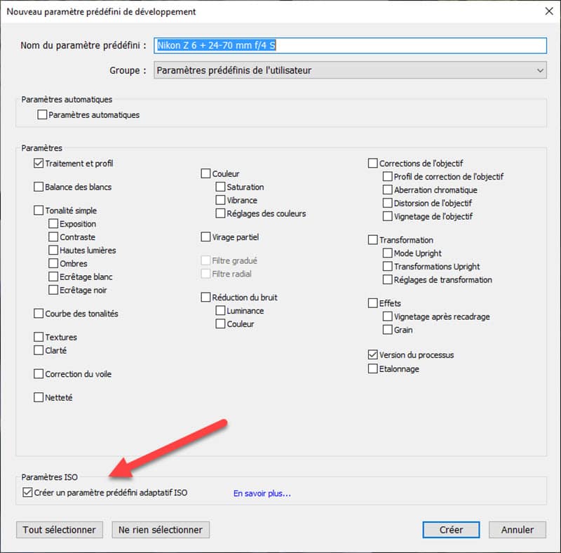 créer des paramètres prédéfinis adaptatifs ISO