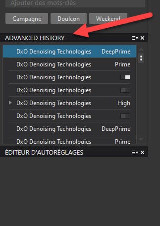 DxO PhotoLab 4 : historique de traitement