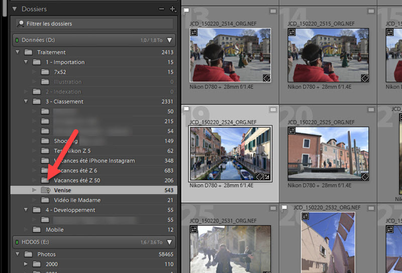 Comment retrouver des photos perdues dans Lightroom, point d'interrogaiton sur le nom du dossier