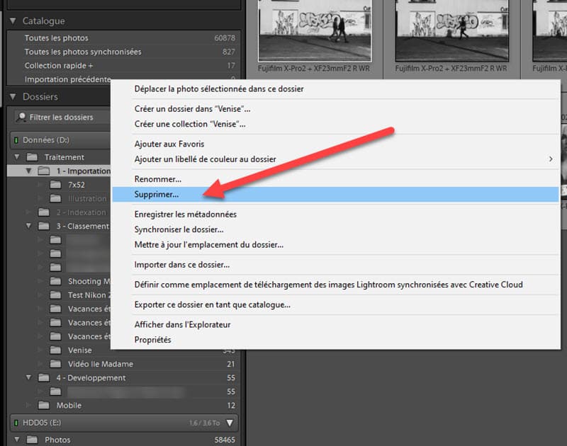 Suppression d'un dossier dans Lightroom Classic