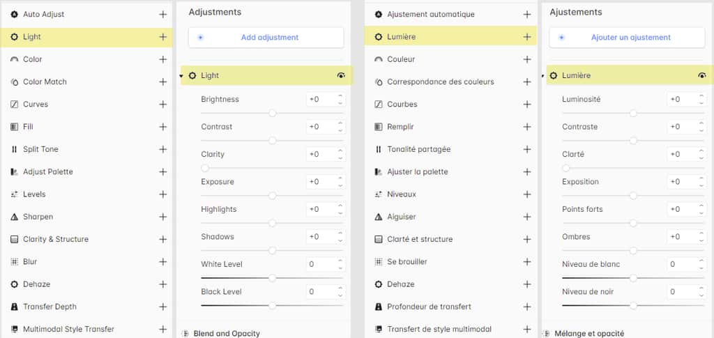 Facet : menu des réglages manuels