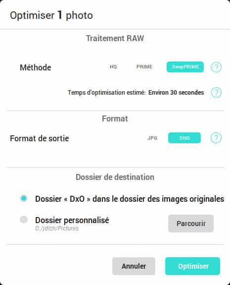 Options de traitement de DxO PureRAW