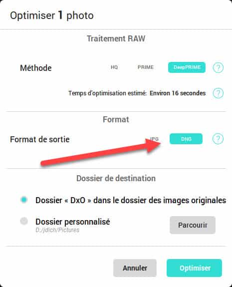 Comment enregistrer un fichier DNG dans DxO PureRAW