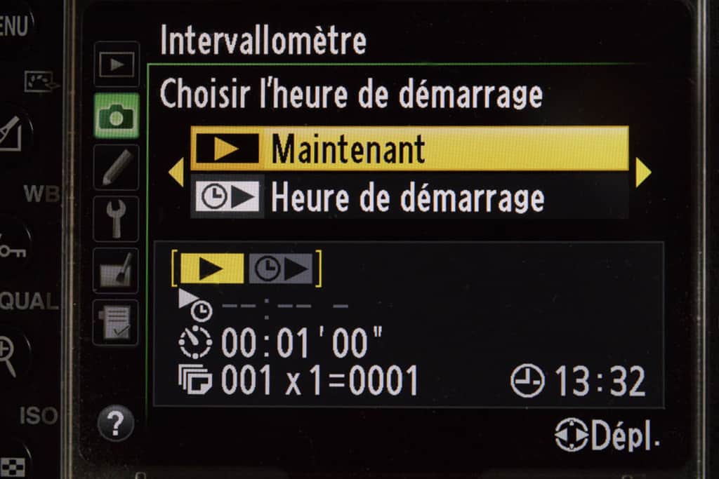 Menu Intervallomètre d'un Nikon pour faire un time-lapse