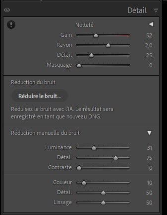 Réglages de réduction du bruit IA dans Lightroom Classic