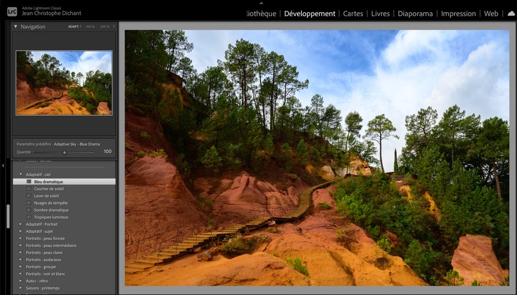 Lightroom profil Nikon Picture Control paysage avec preset adaptatif pour renforcer le bleu du ciel
