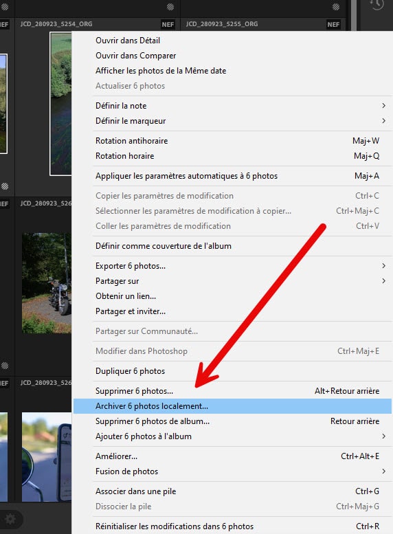 Mise à jour Lightroom cloud Commande Archiver localement