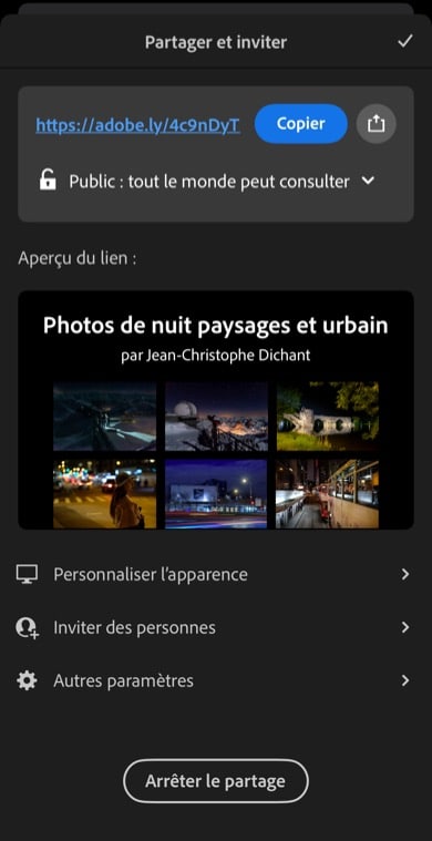 Lightroom Mobile 2025 : album partagé et galerie web