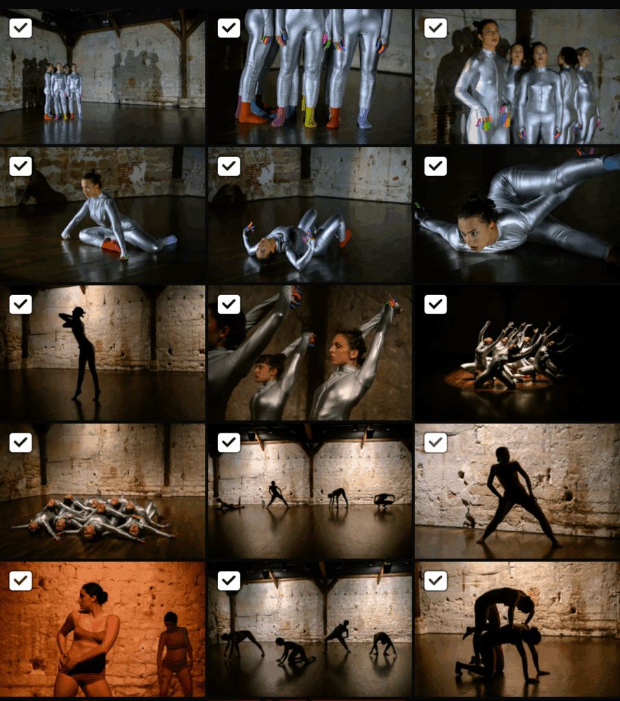 Des photos de danse contemporaine, vues sous forme de petites vignettes dans Lightroom mobile