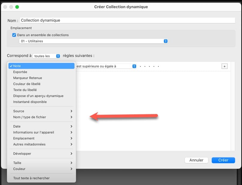 Critères de choix pour les collections dynamiques Lightroom Classic