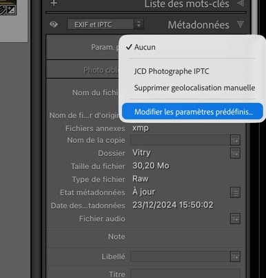 Mettre à jour le copyright IPTC dans Lightroom Classic : Modifier les paramètres prédéfinis de métadonnées...