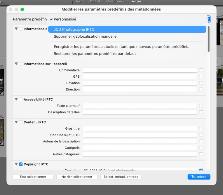 Mettre à jour le copyright IPTC dans Lightroom Classic : choisir le preset de métadonnées concerné dans la liste déroulante