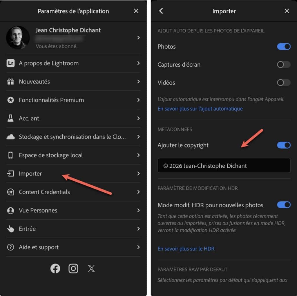 Mettre à jour le copyright IPTC dans Lightroom Mobile