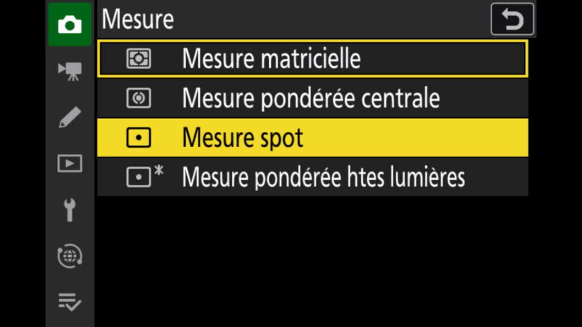 Mode de mesure spot pour l'exposition sur Nikon Z